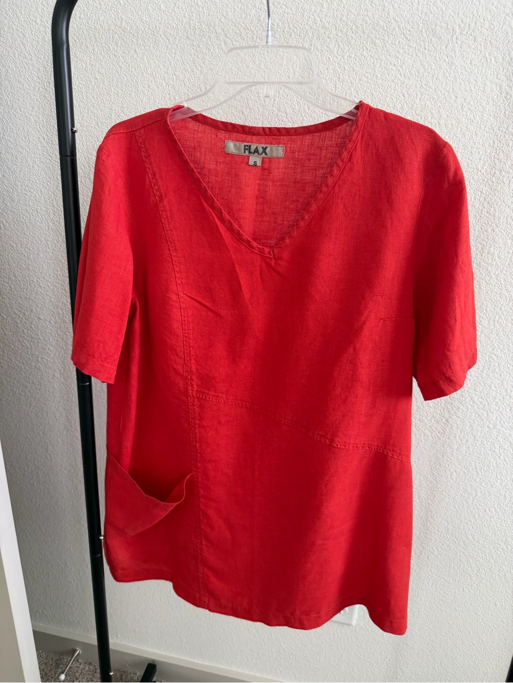 FLAX 100% Linen Red Asymmetrical Pocket Tunic Top Size S Made in Lithuania
